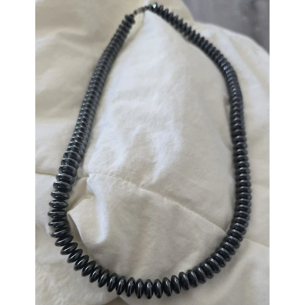 Vintage Black Hematite Rondelle Beaded Necklace Barrel  Clasp 16.5”